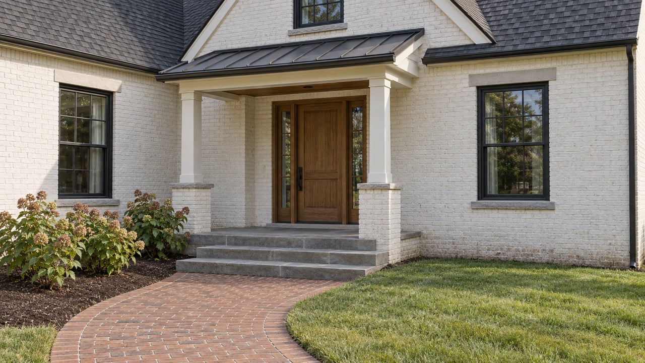 White-painted brick home with an oak entry door, paired porch posts, stone steps and a brick approach beside oakleaf hydrangeas.