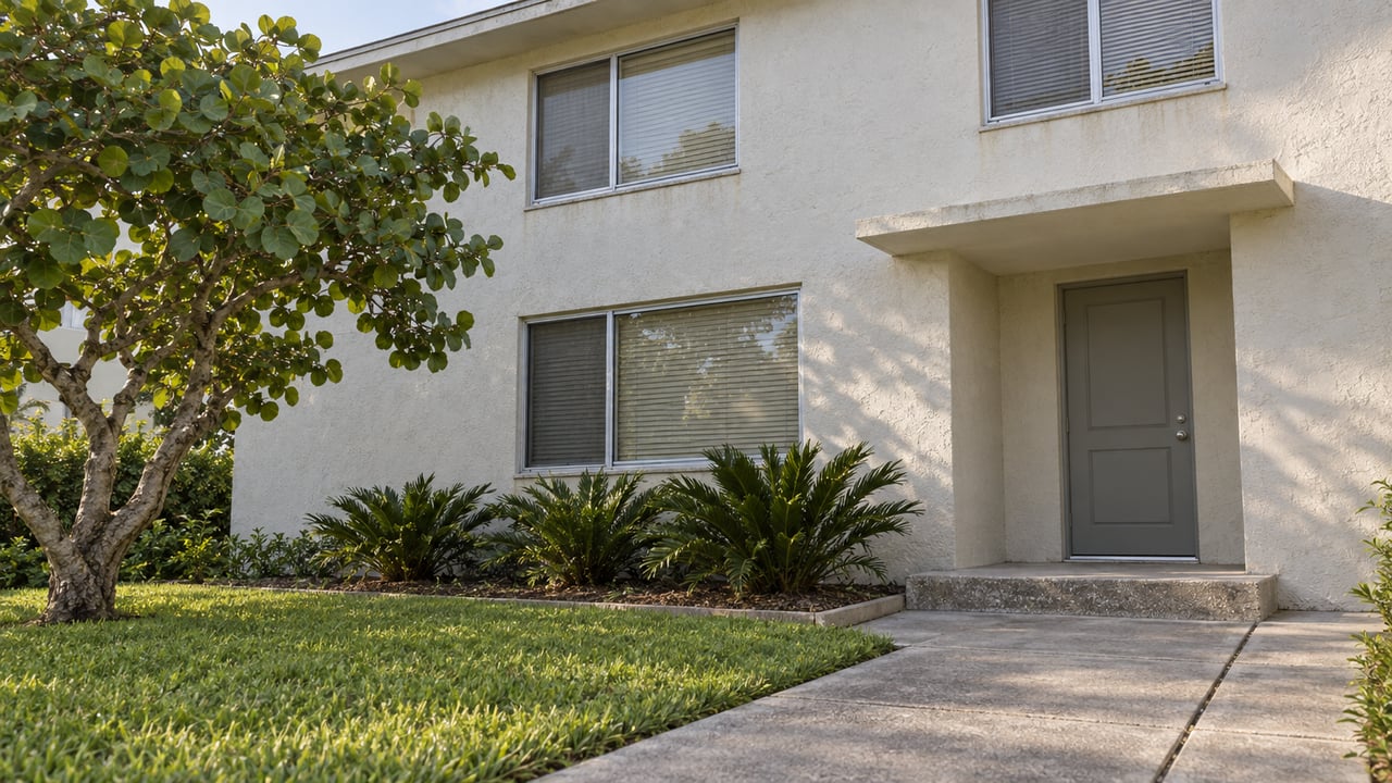 Off-white stucco apartment building with aluminum windows, a shaded gray entry door, concrete approach, and carefully contained tropical planting.