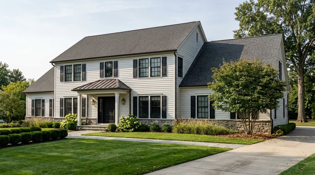 White two-story clapboard house with black shutters, stone foundation, brass entry lights, and a broad lawn.