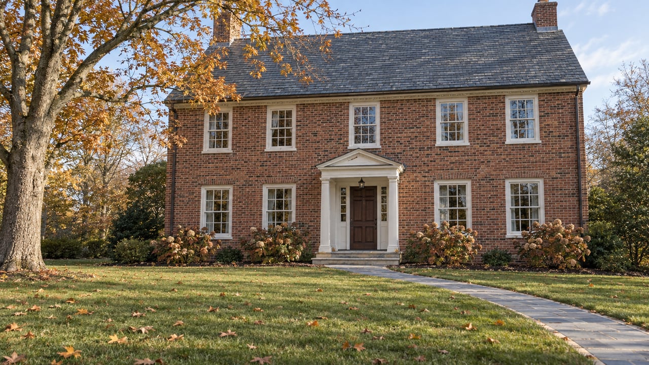 Traditional red-brick home beyond a deep autumn lawn, with white sash windows, a columned entrance and a sugar maple turning gold.