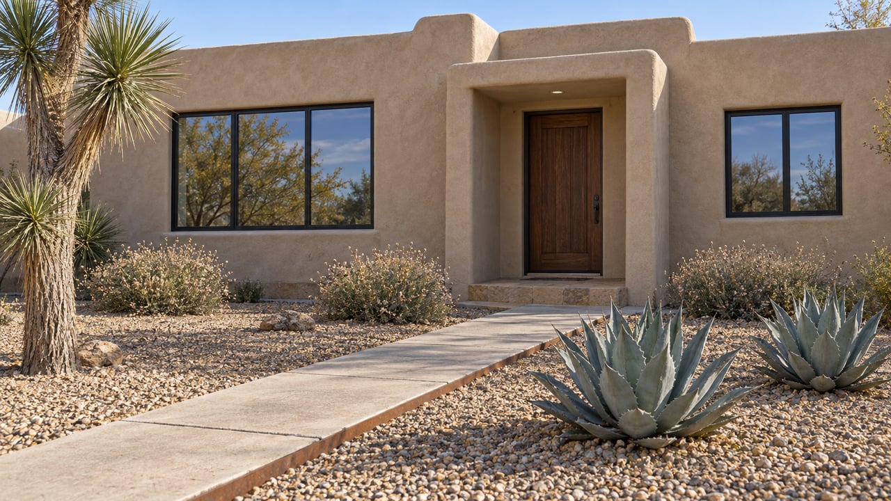 A low sand-colored stucco home with black-framed windows, a recessed wood door and a gravel garden planted with sculptural yucca and agaves.