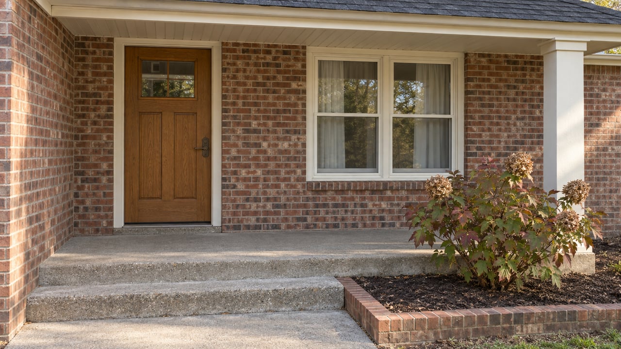 A brick home's shaded oak front door and ivory-framed window above worn concrete porch steps, with an oakleaf hydrangea beside the column.