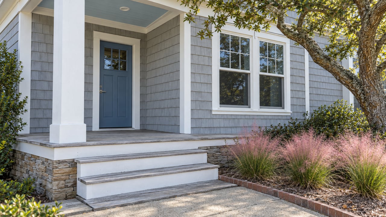 Gray shingle-sided home with a white-columned porch, weathered timber steps, stone base and pink flowering grasses beside a live oak.