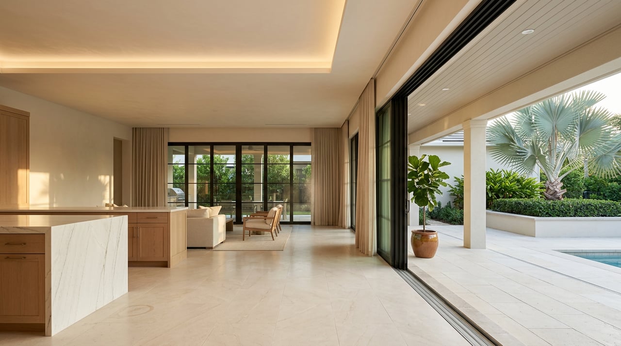 Great room with a quartzite island, low seating, and black-framed glass doors opening onto a covered lanai.