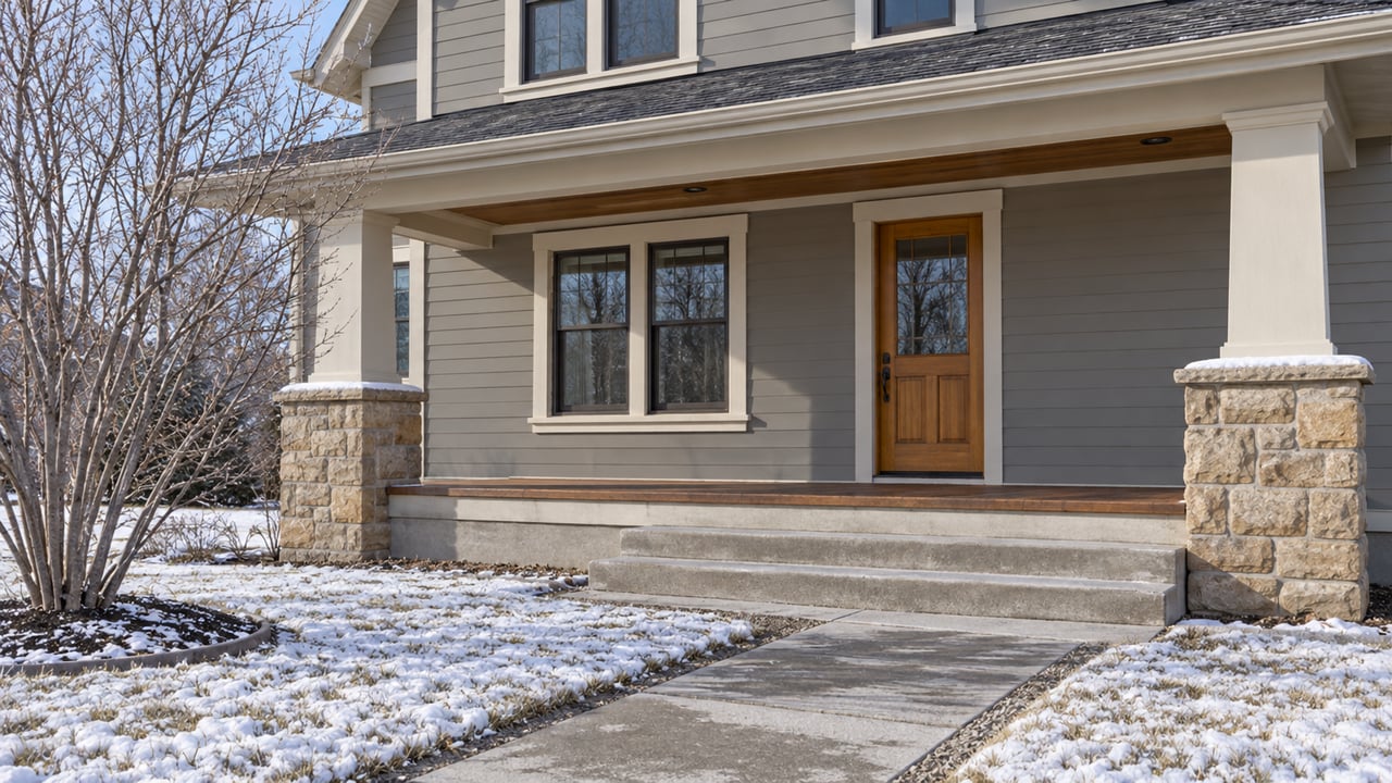 Winter sunlight on a gray lap-sided home with a covered porch, sandstone column bases and a cleared walk across a snow-dusted lawn.