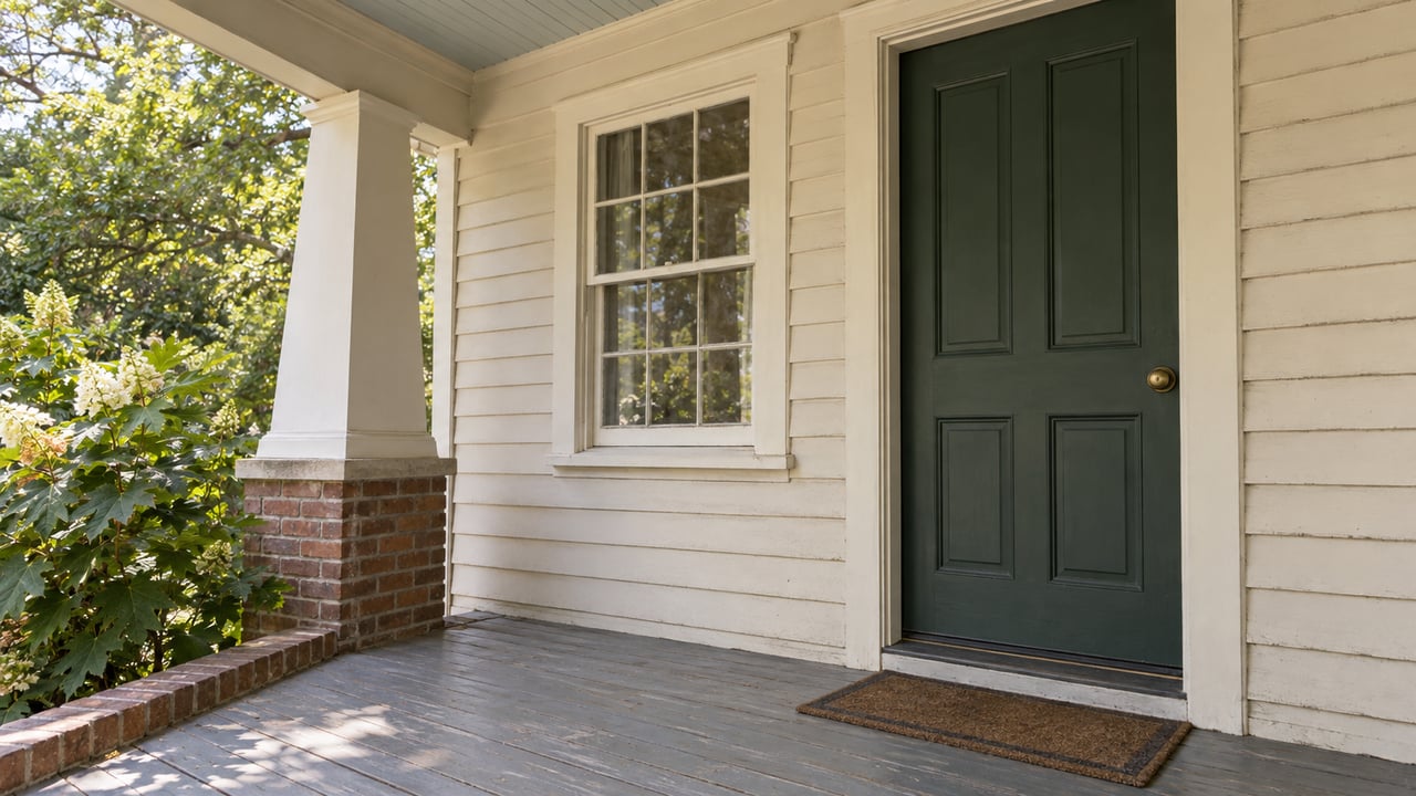 Bungalow porch with a deep-green paneled door, six-over-six window, tapered support, and hydrangea below.