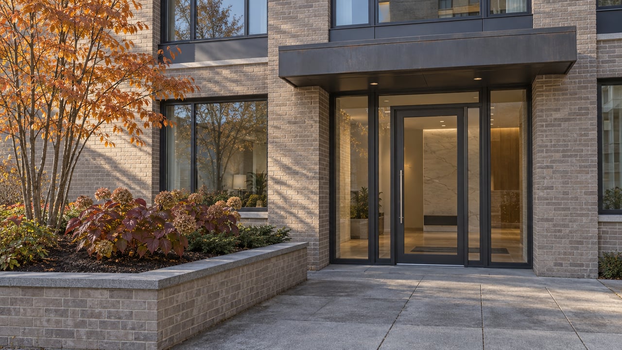 Contemporary condominium entrance with gray brick, charcoal window frames, stone-capped planting bed and autumn foliage.