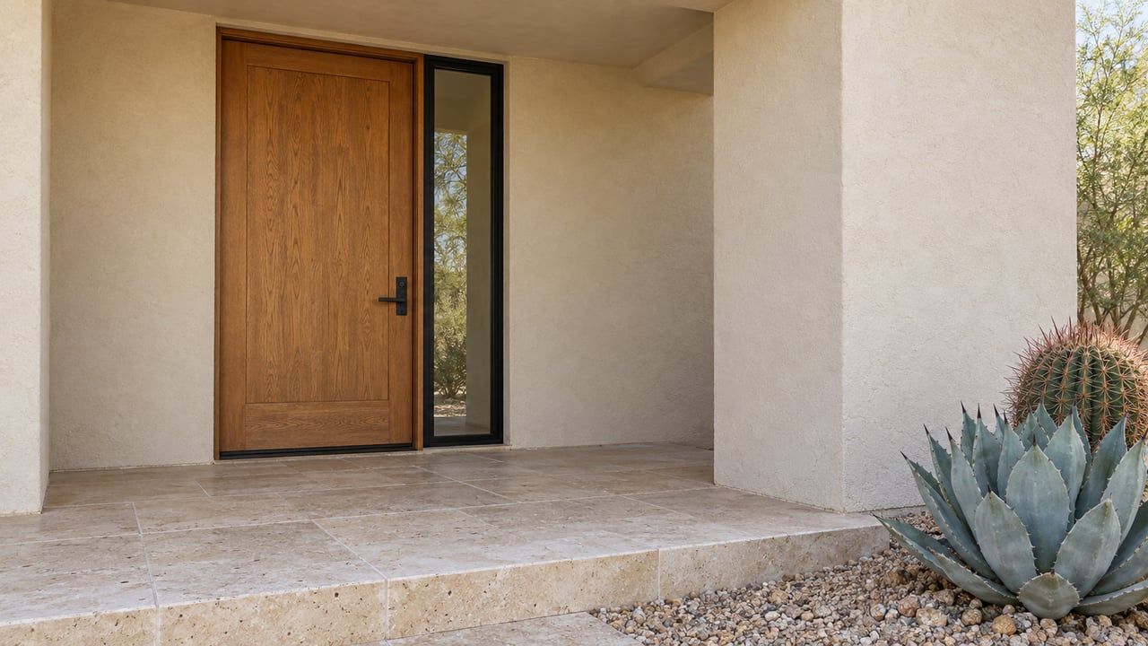 Shaded cream-stucco home entrance with a warm wood door, glazed sidelight, limestone landing and two sculptural desert plants.