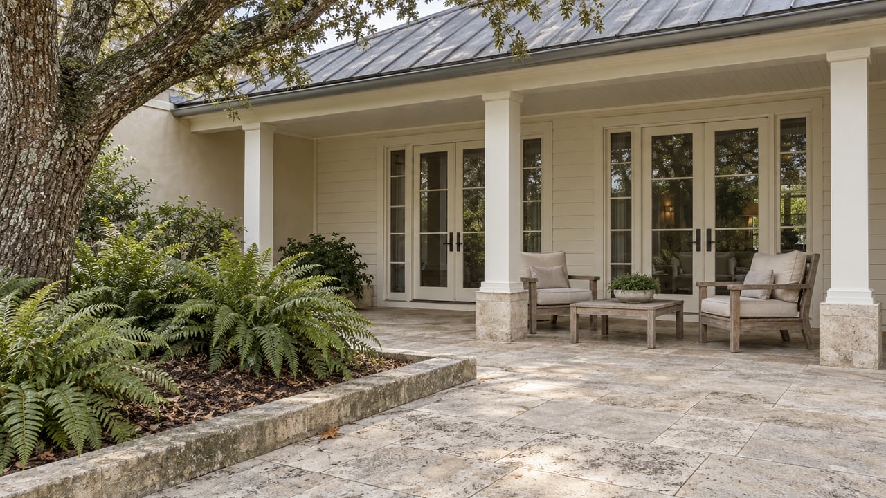 Cream clapboard home with glazed French doors, limestone veranda, weathered teak seating and a mature live oak.