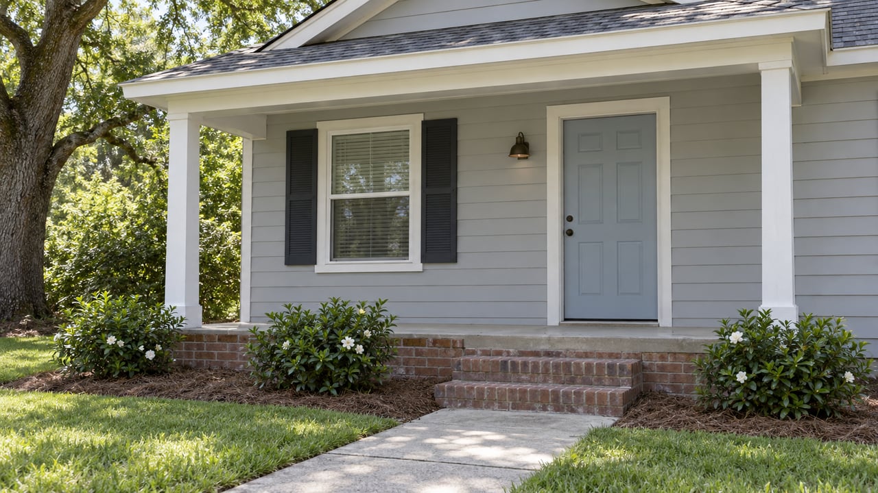 Pale-gray cottage porch with white square posts, a pale-blue door, brick steps and gardenias beside a concrete walk.
