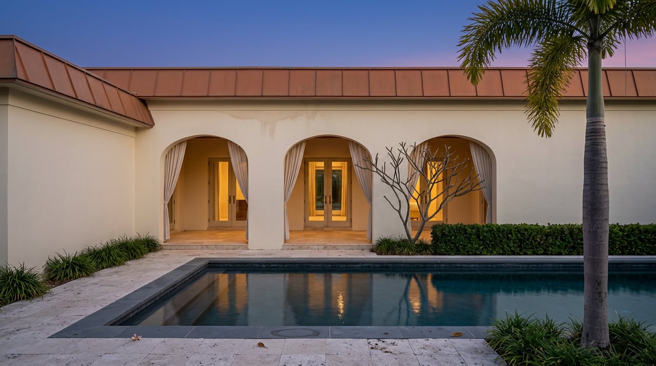 Courtyard pool reflects warm light from arched loggia windows beneath an indigo dusk sky, framed by a palm.