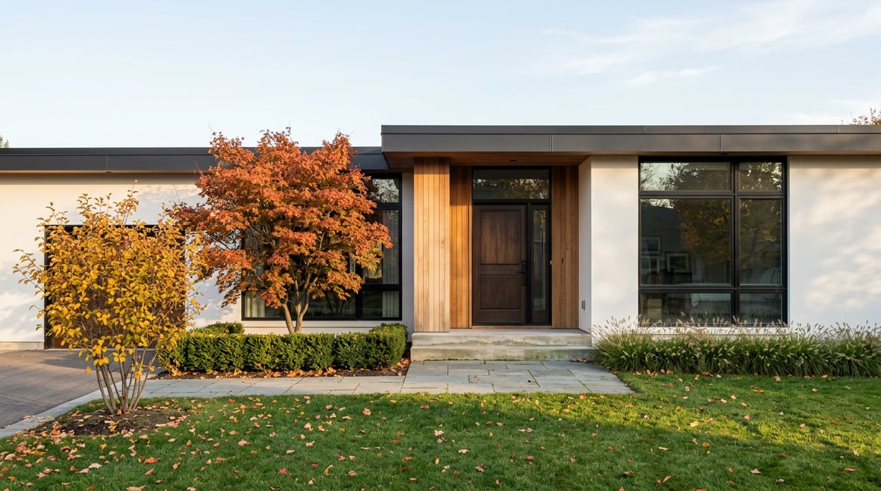 Low modern white house with cedar entry, dark-framed windows, orange-red maple, and fallen leaves across the lawn.