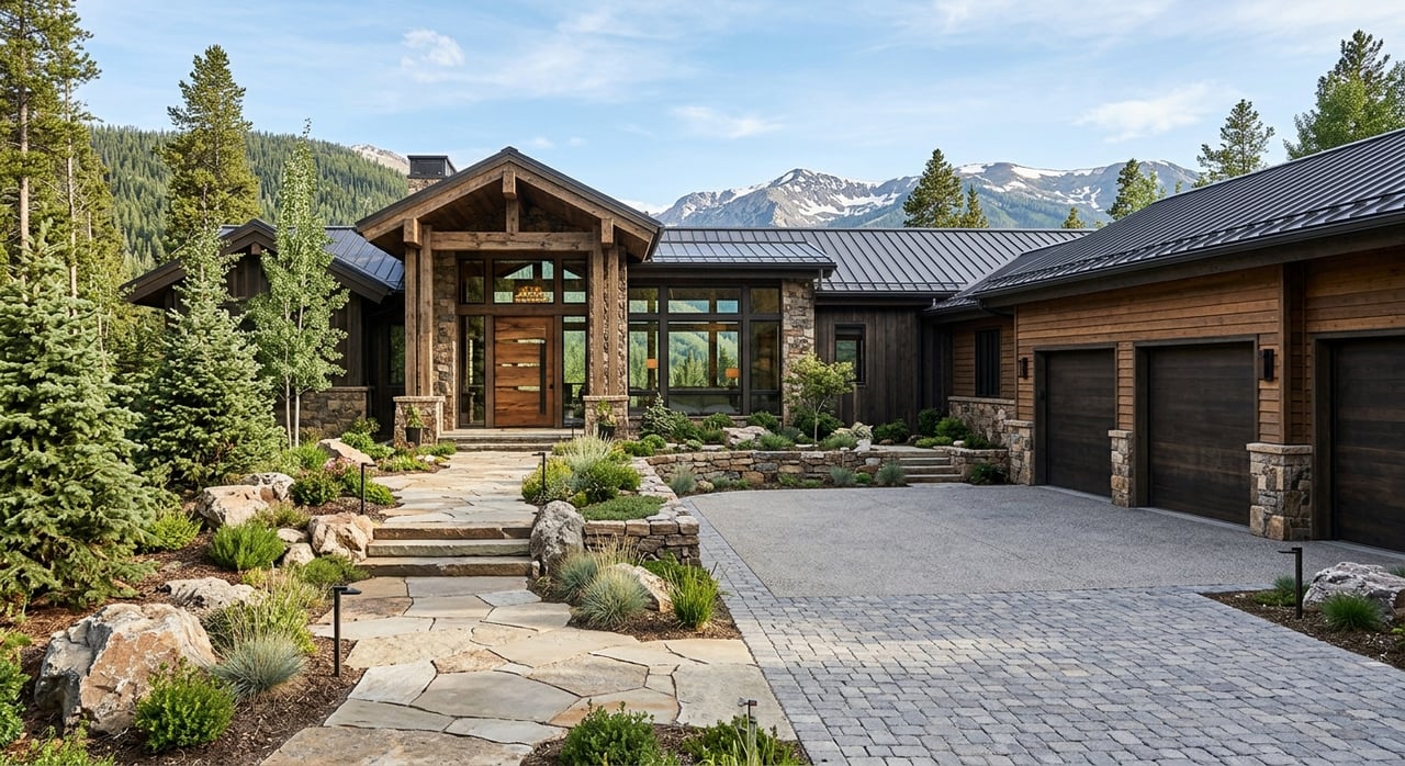 Modern cedar-and-stone home with a flush garage door, recessed oak entry, and landscaped driveway.