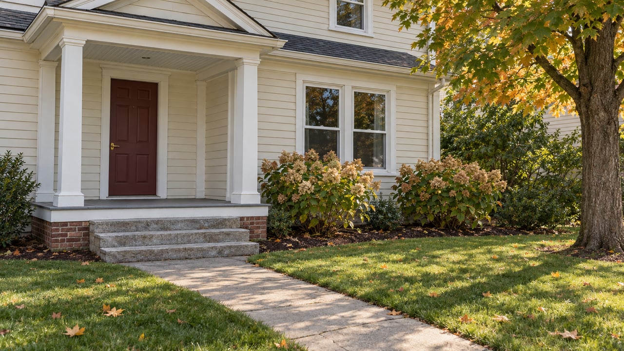 Off-white clapboard home with a gabled front porch, granite steps and a burgundy door beyond an autumn lawn.