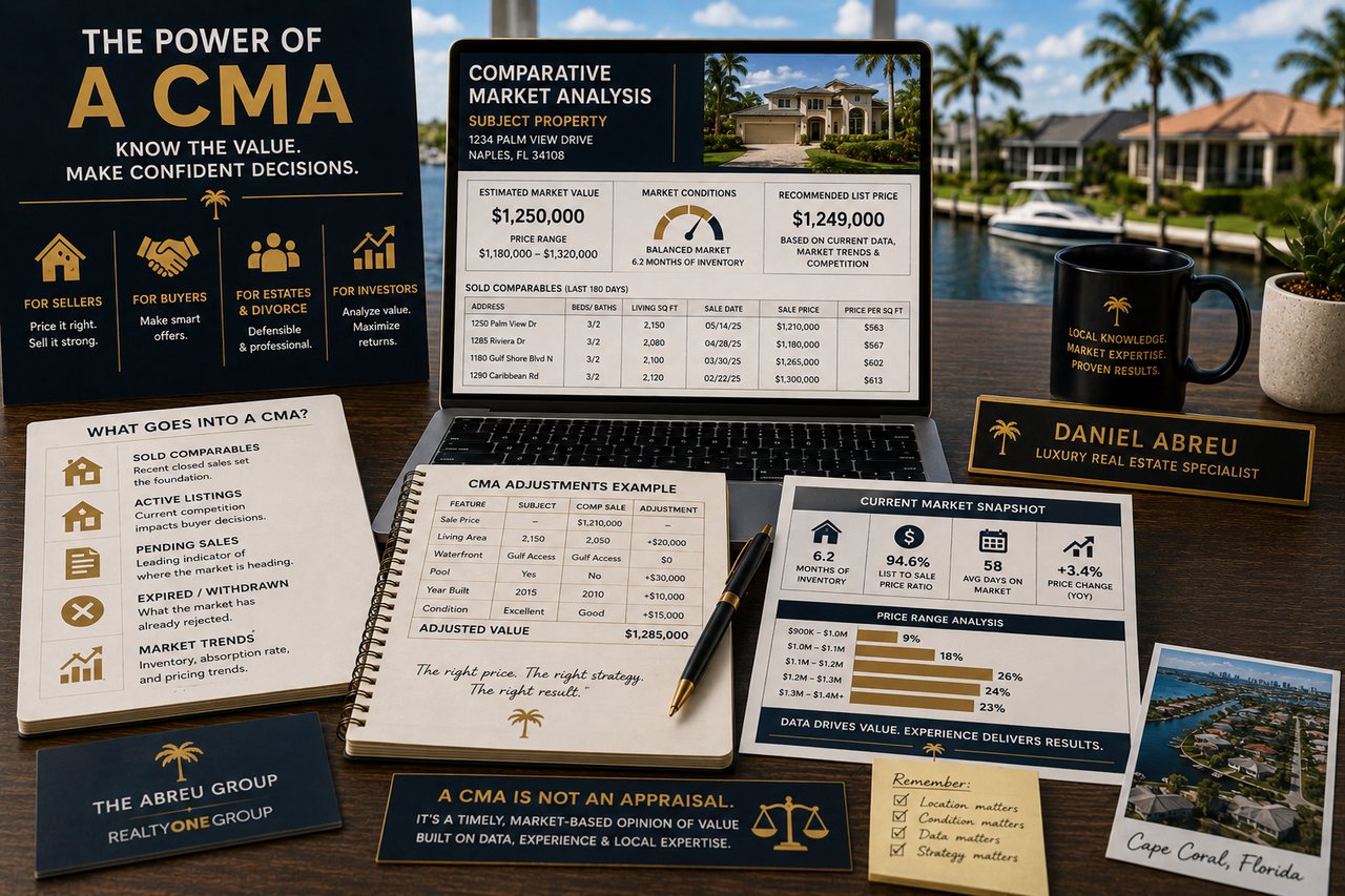 Learn what a Comparative Market Analysis (CMA) is, how it determines your home's market value, and how Daniel Abreu uses local Southwest Florida market data to help buyers, sellers, estates, and divorce clients make confident real estate decisions.