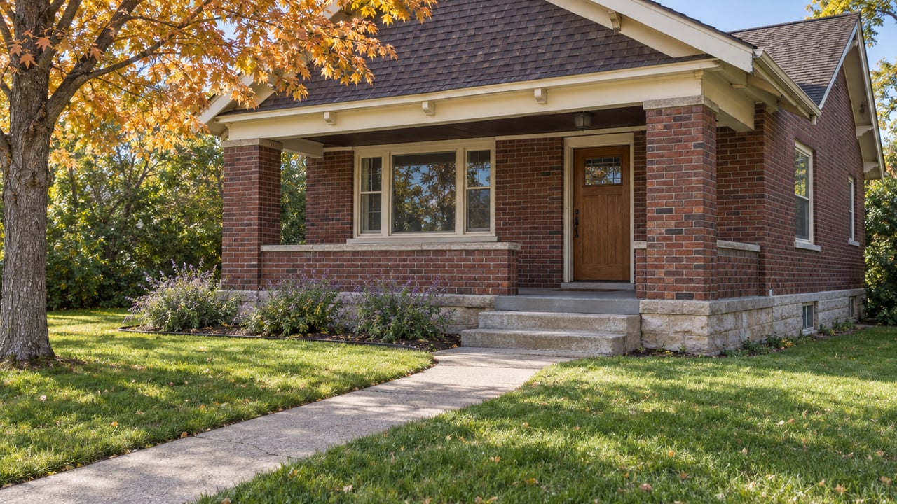 Red-brown brick bungalow with a covered porch, limestone foundation, front lawn, and an amber-leaved maple beside the walk.