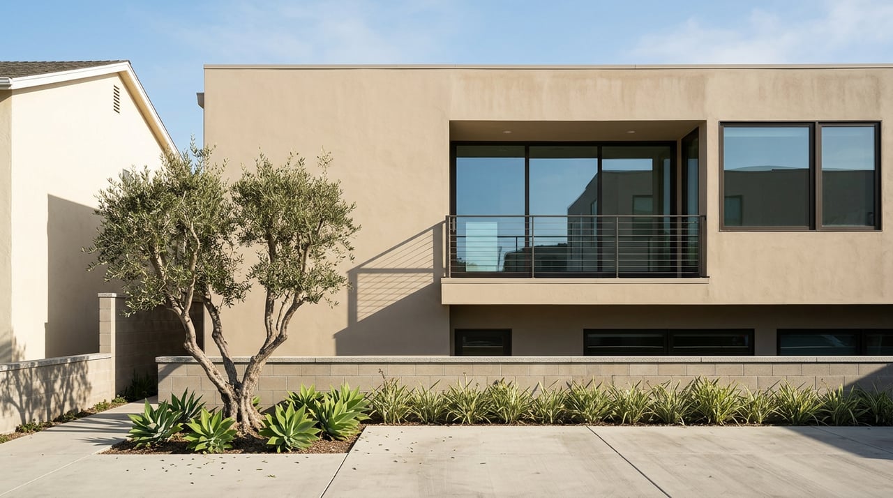 Two-story stucco home with bronze-framed glass doors, a recessed balcony, and an olive tree beside the concrete walkway.