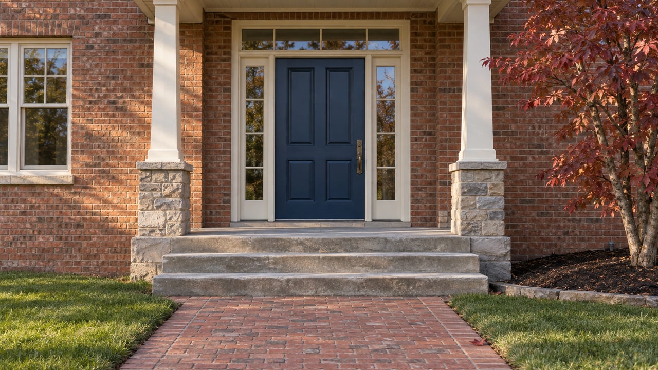 Brick home entrance with a navy-blue door, stone steps, and a brick walkway beside an autumn tree.