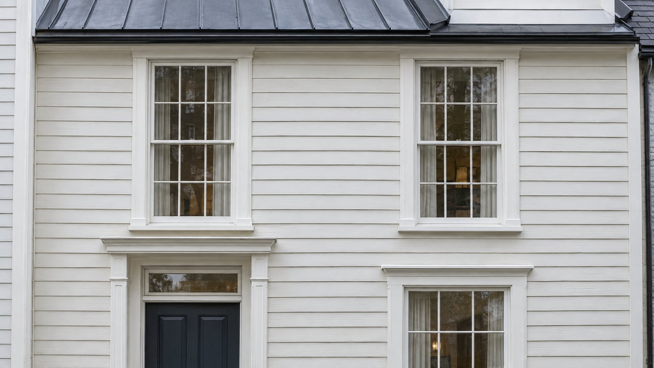 Narrow townhouse with white clapboard, navy door, double-hung windows, and a clipped shrub beside a brick sidewalk.