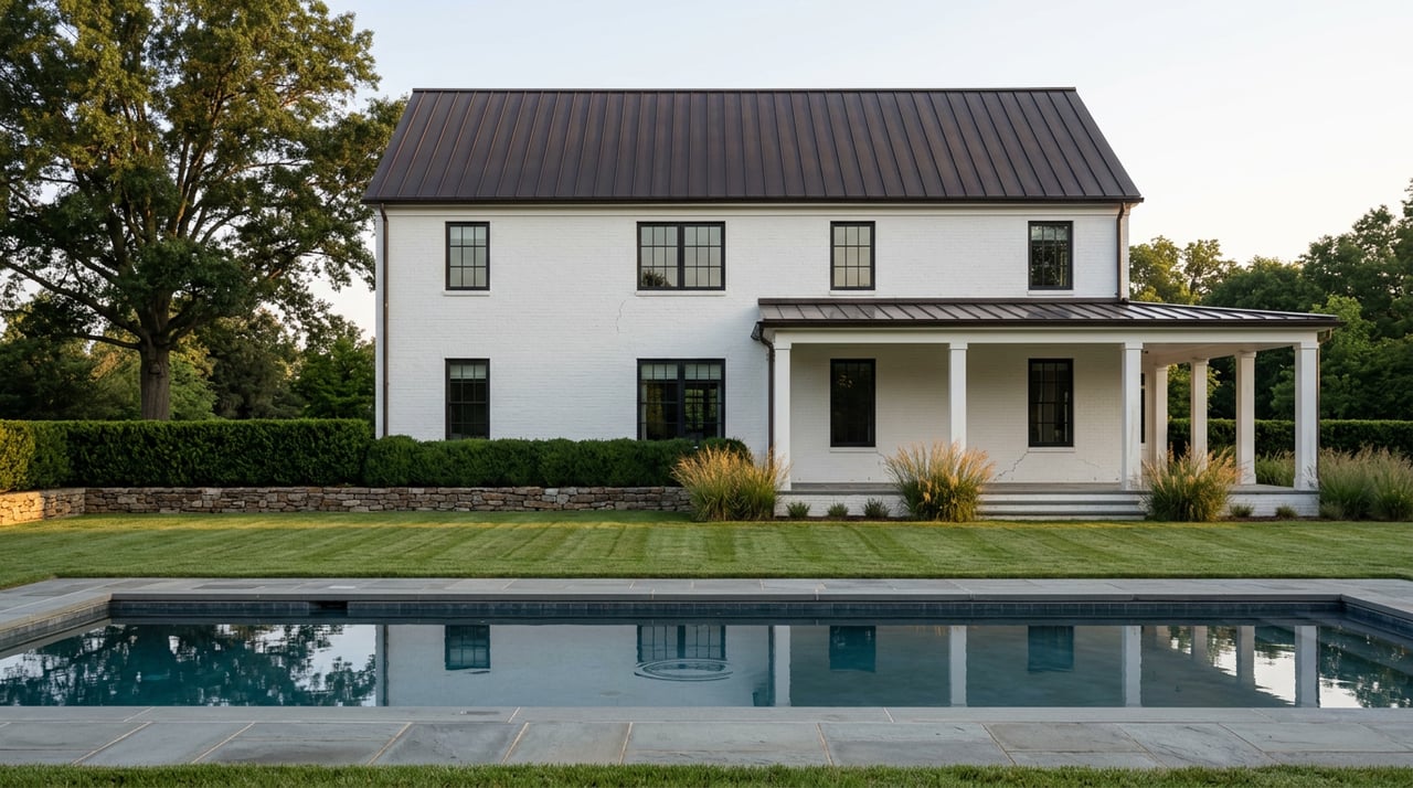 Estate home with a white brick façade, covered porch, pool, and clipped garden beneath an oak tree.