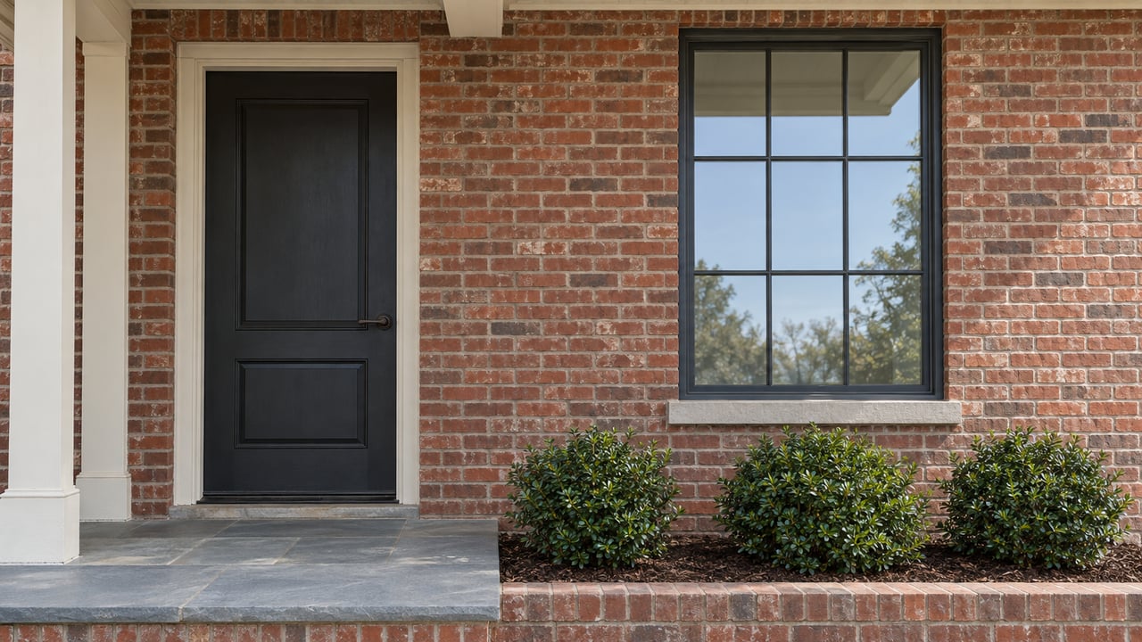 Brick home entry with a dark timber door, grid-pane window, bluestone landing, and three rounded shrubs.