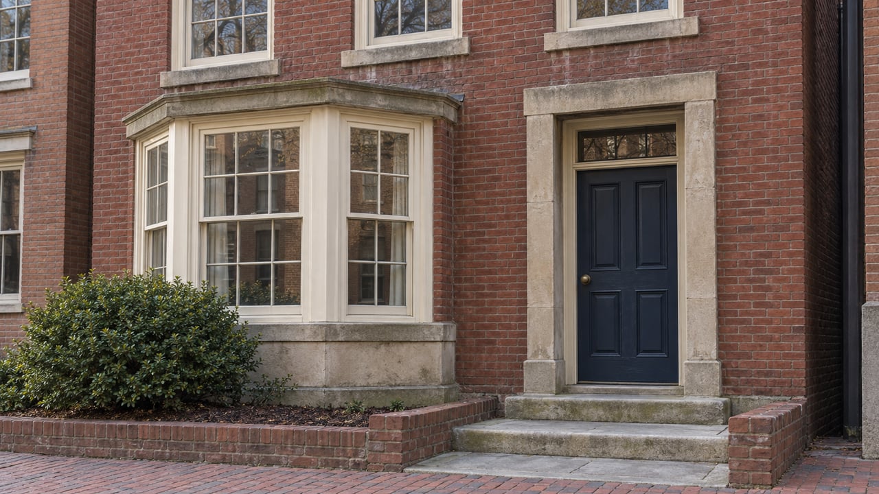 Morning light on a red-brick townhouse with ivory sash windows, a navy door, sandstone steps and a boxwood beside the bay window.