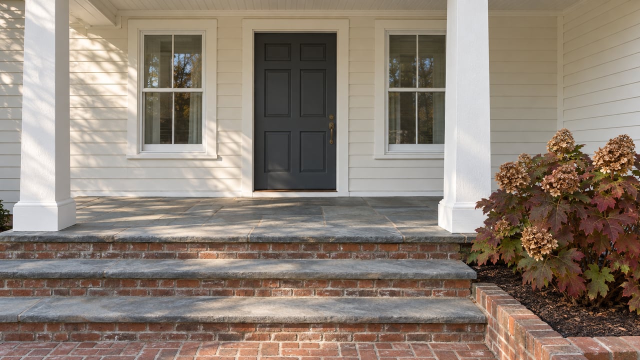 Cream clapboard porch with a charcoal door, paired sash windows, bluestone steps and burgundy oakleaf hydrangeas.