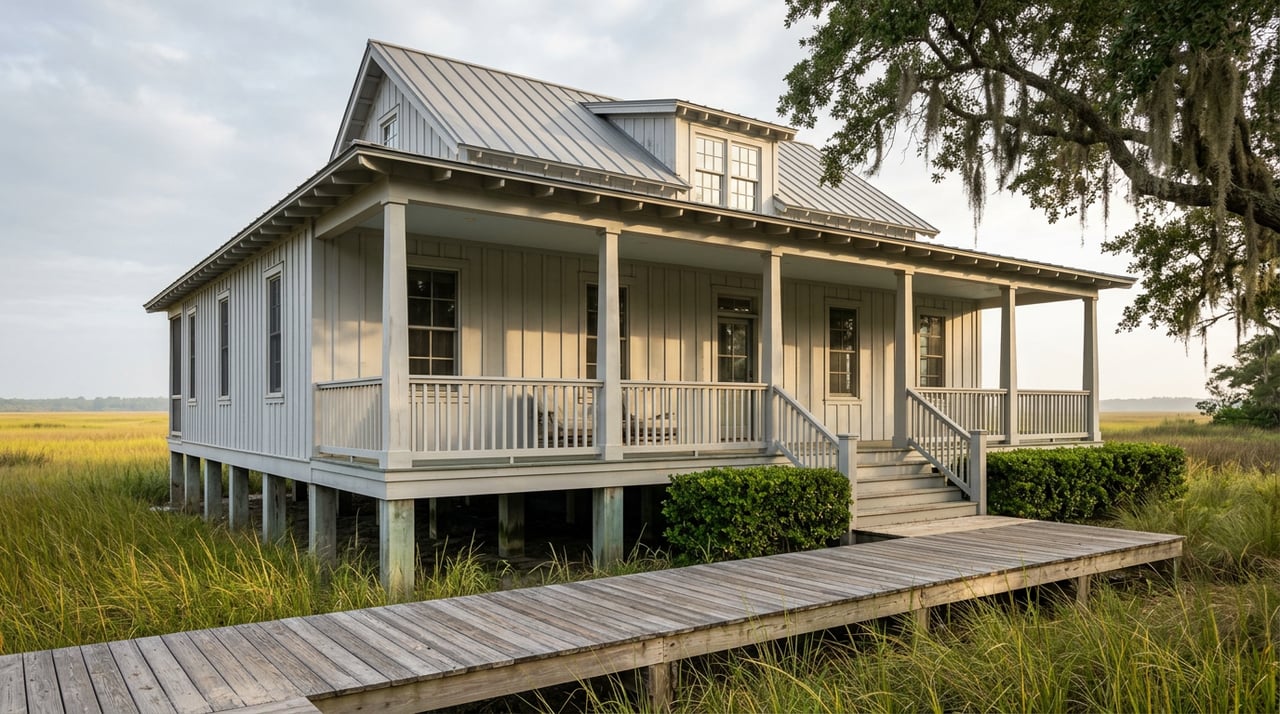 Elevated gray cottage with a covered porch and metal roof, framed by marsh grass and a live oak draped in Spanish moss.