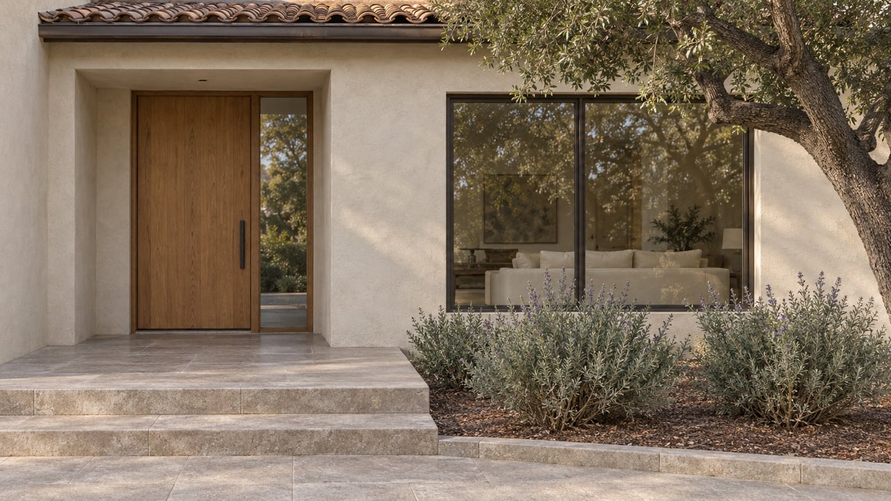 Refined stucco home entry with an oak door, clay tile roof, limestone steps and mature oak beside a silver-green planted bed.