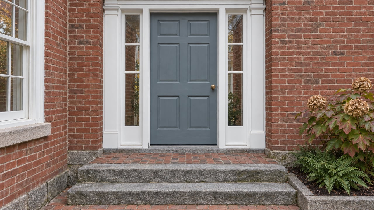 Traditional brick home entrance with a blue-gray door, white sidelights, worn granite steps, and autumn oakleaf hydrangea.