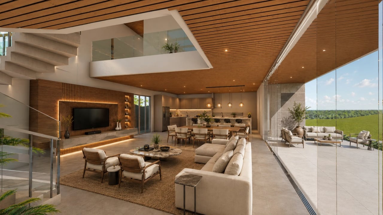 Rendered open-plan living room with kitchen, dining area, wood ceiling, and glass walls overlooking greenery.