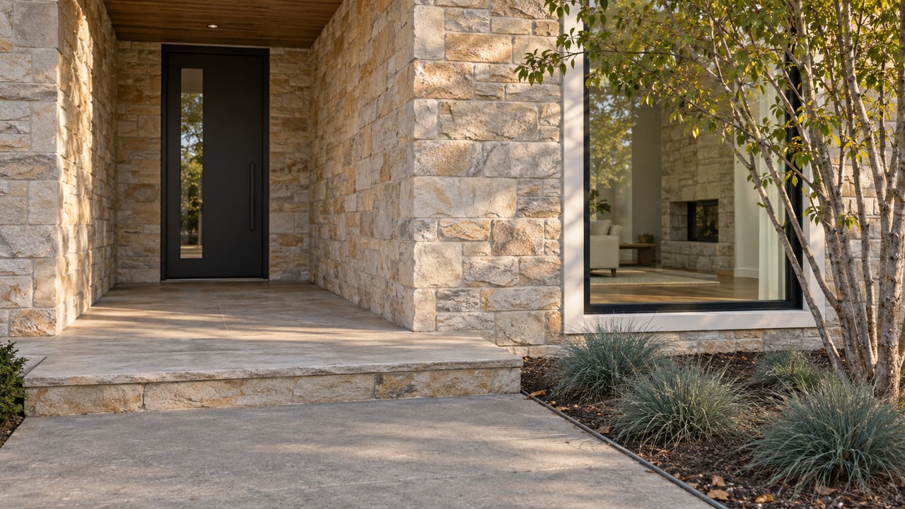 Sandstone home entry with a charcoal glazed door, broad picture window, and raised stone landing.