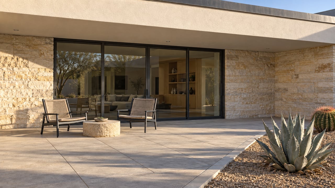 A covered courtyard with pale sandstone walls, closed dark-framed glass doors, two outdoor chairs, and sculptural desert plants beside concrete paving.