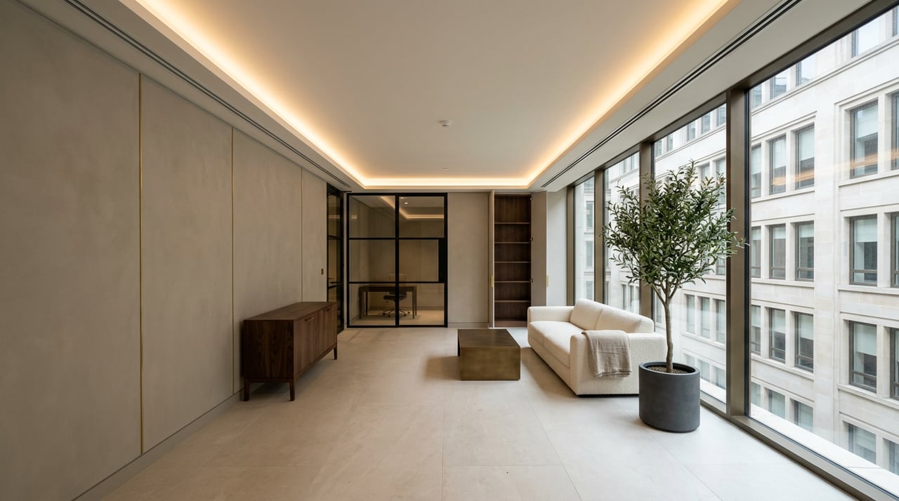 Open-plan condo with cream sofa, walnut millwork, glass office partition, and olive tree beside floor-to-ceiling windows.