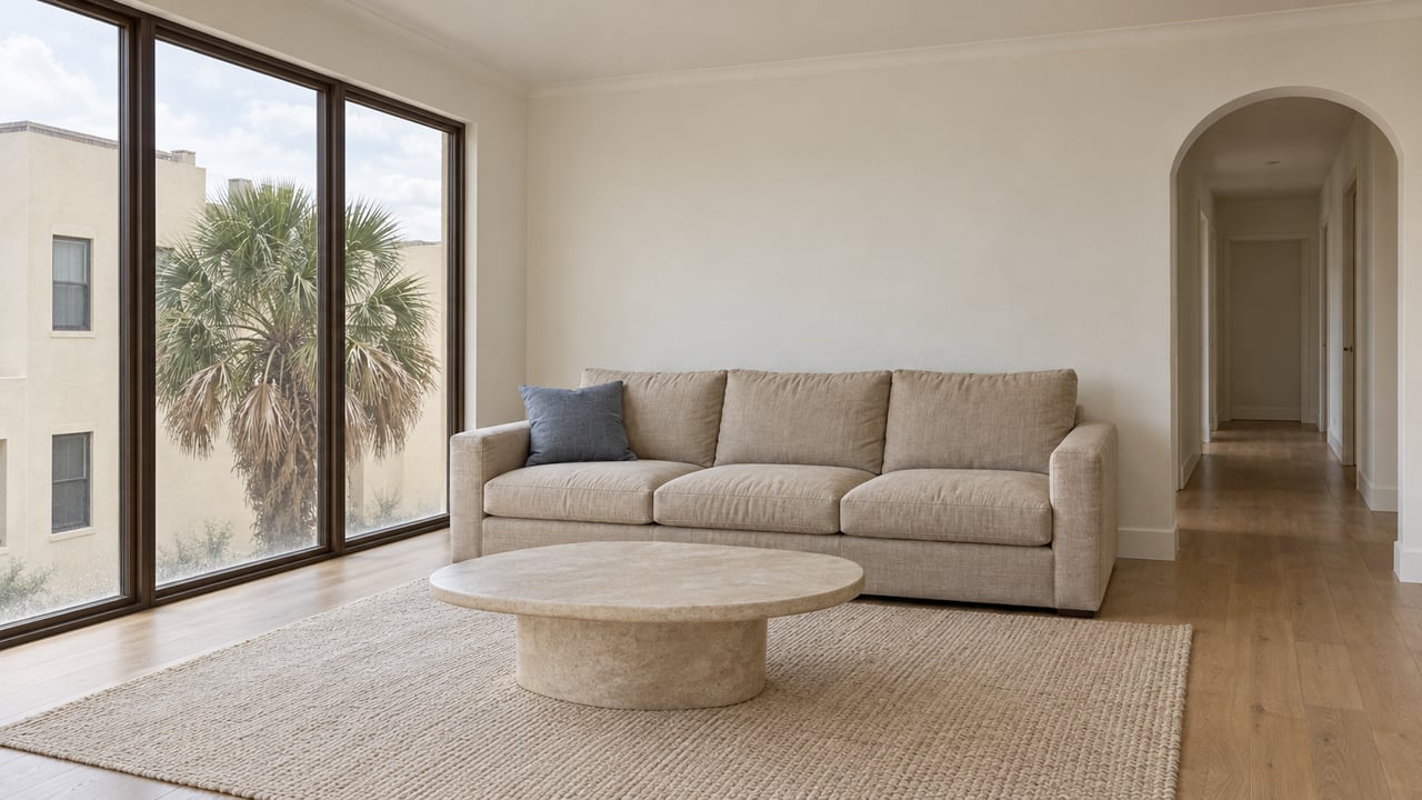 Bright residential living room with tall bronze-framed windows, a sand linen sofa, limestone coffee table and pale oak flooring.