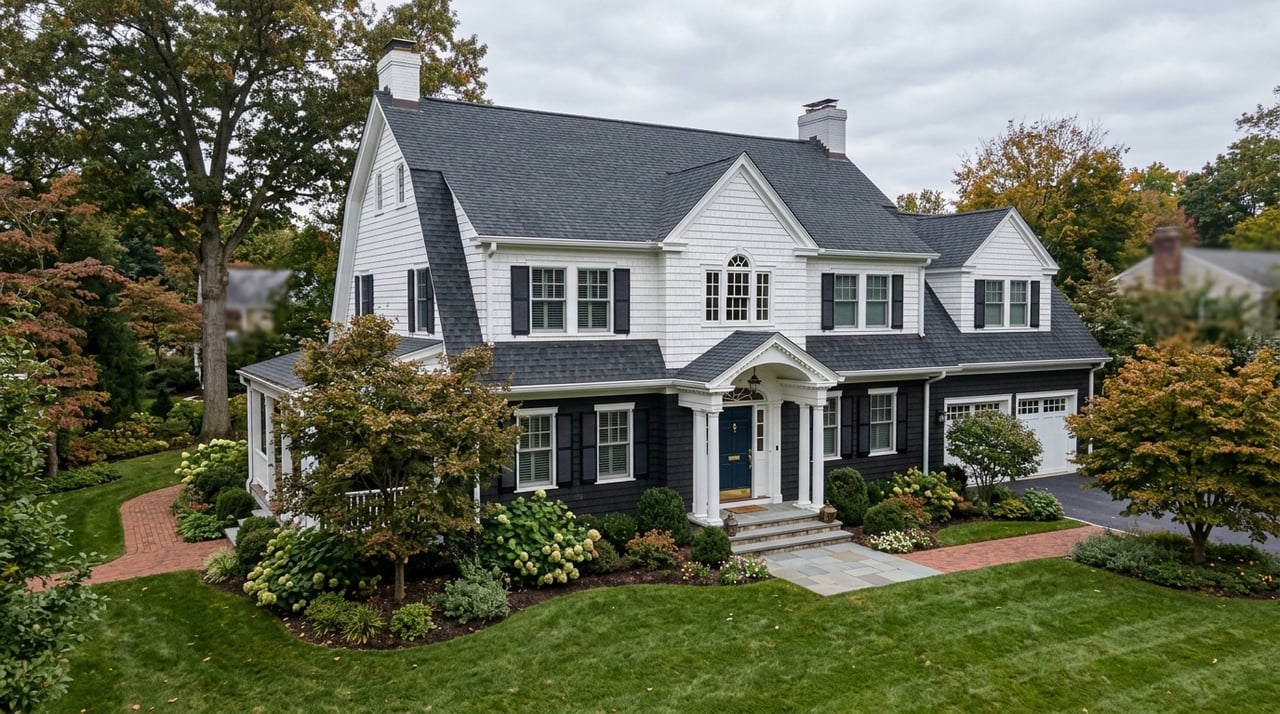 Two-story shingle-and-clapboard Colonial revival home with gabled dormers, a covered porch, and deep lawn behind a stone wall.