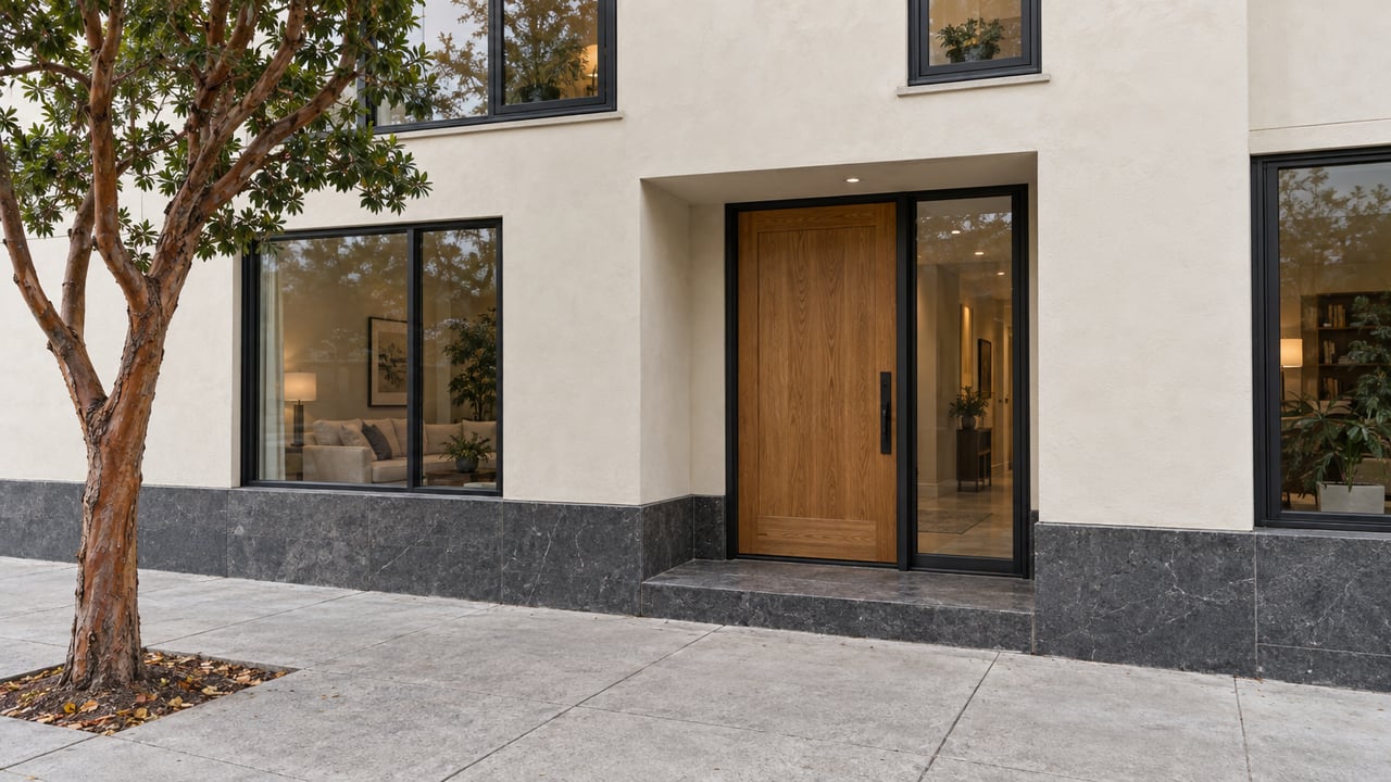 Residential entrance with a glazed oak door, black-framed windows, and a twisting cinnamon-barked tree.