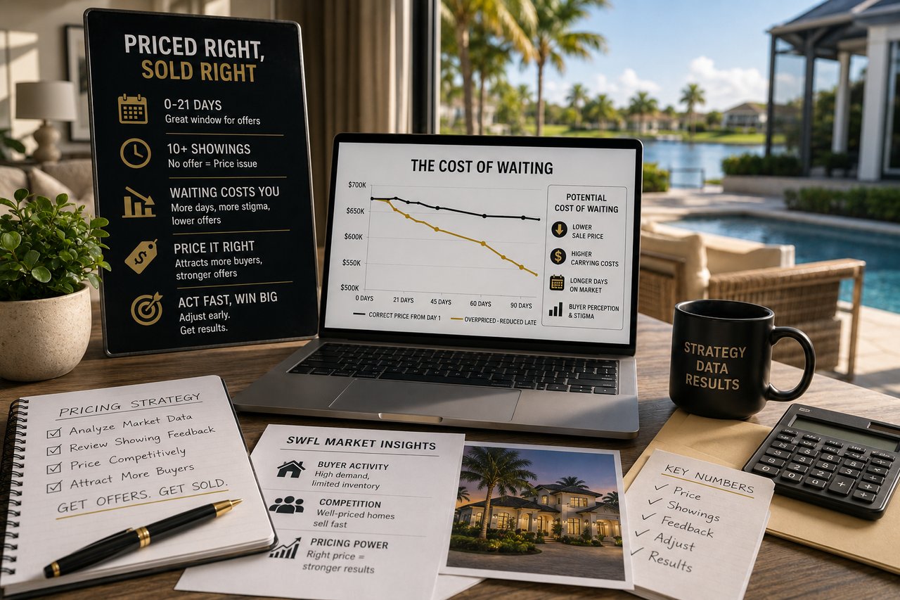 Luxury home office with pricing reports, market analysis charts, calculator, and a waterfront home view, illustrating home pricing strategy, price reductions, and selling a home successfully in the Southwest Florida real estate market.