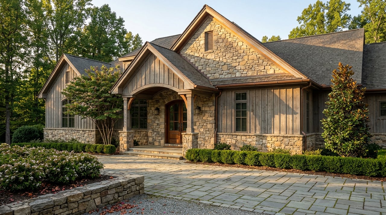 Stone-and-siding estate with a steep multi-gable roof, arched entry, and paver motor court beside a stone retaining wall.