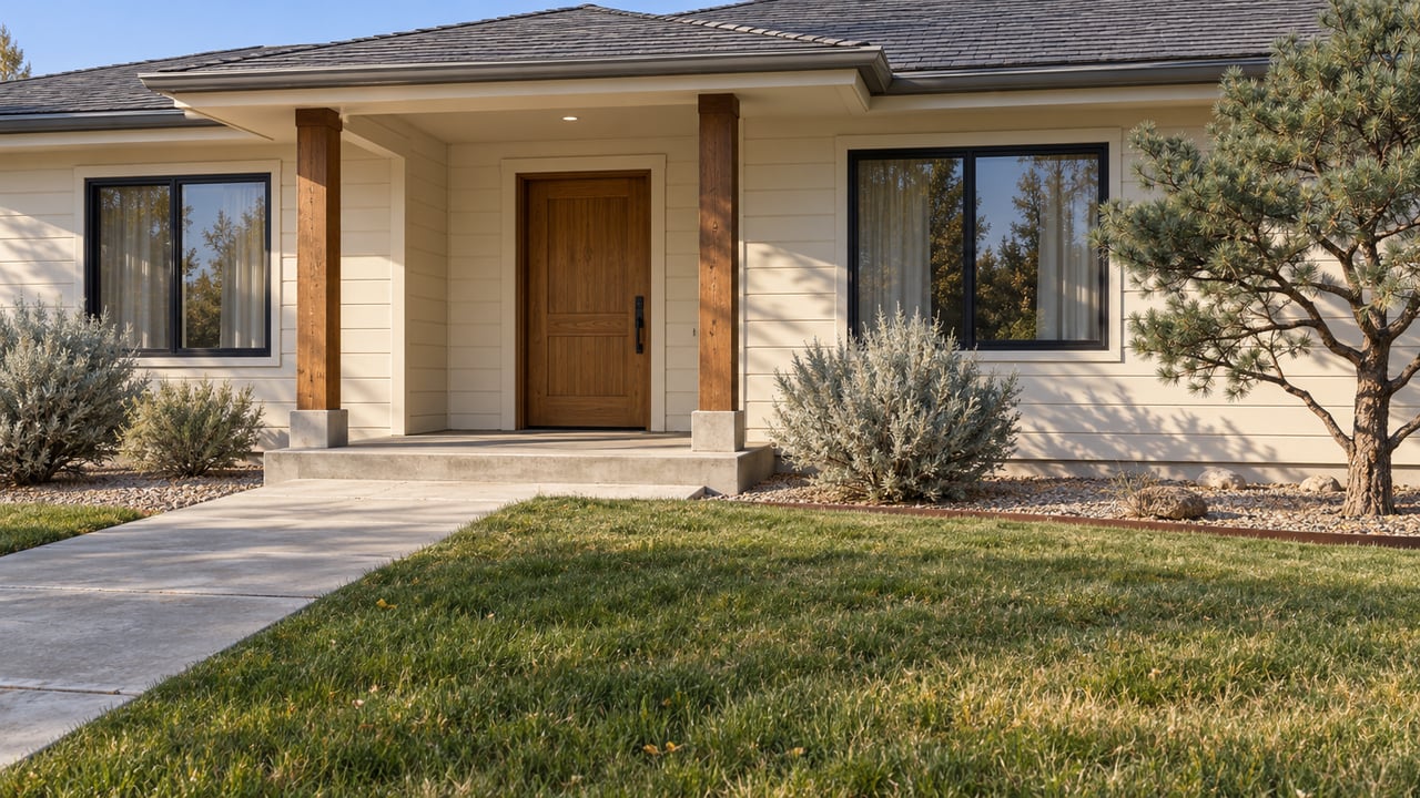 An updated single-story ranch entry with ivory siding, a timber door, concrete walkway, and silver native planting beside an established lawn.