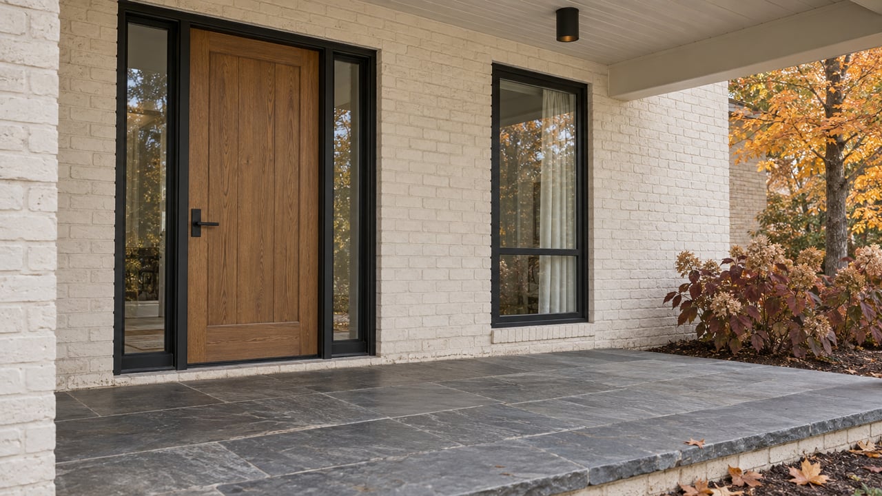 Cream-painted brick porch with an oak entry door, black-framed glazing, gray slate floor and autumn foliage beside the house.