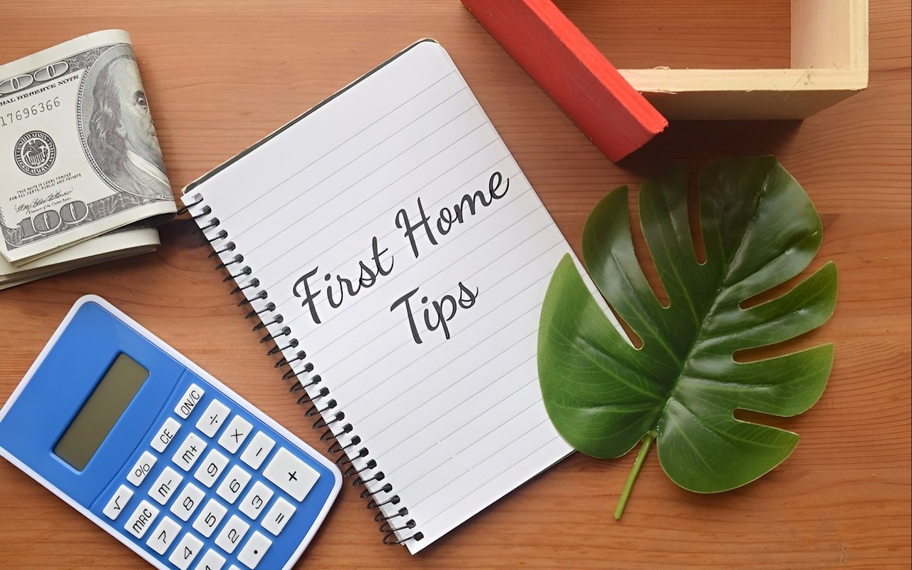 Notebook labeled “First Home Tips” beside a calculator, dollar bills, a house model, and a green leaf.