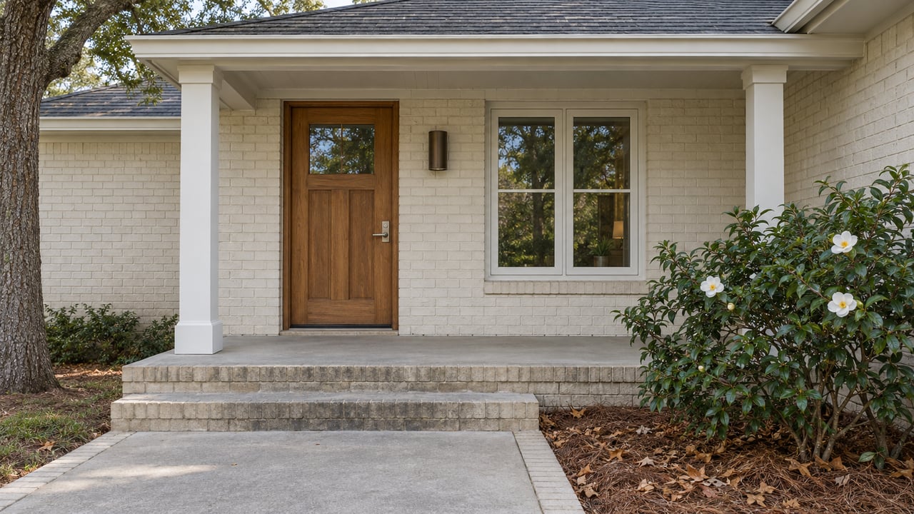 Sheltered entrance of a pale brick home with a wood door, broad brick steps, a mature live oak, and a white-flowering camellia.