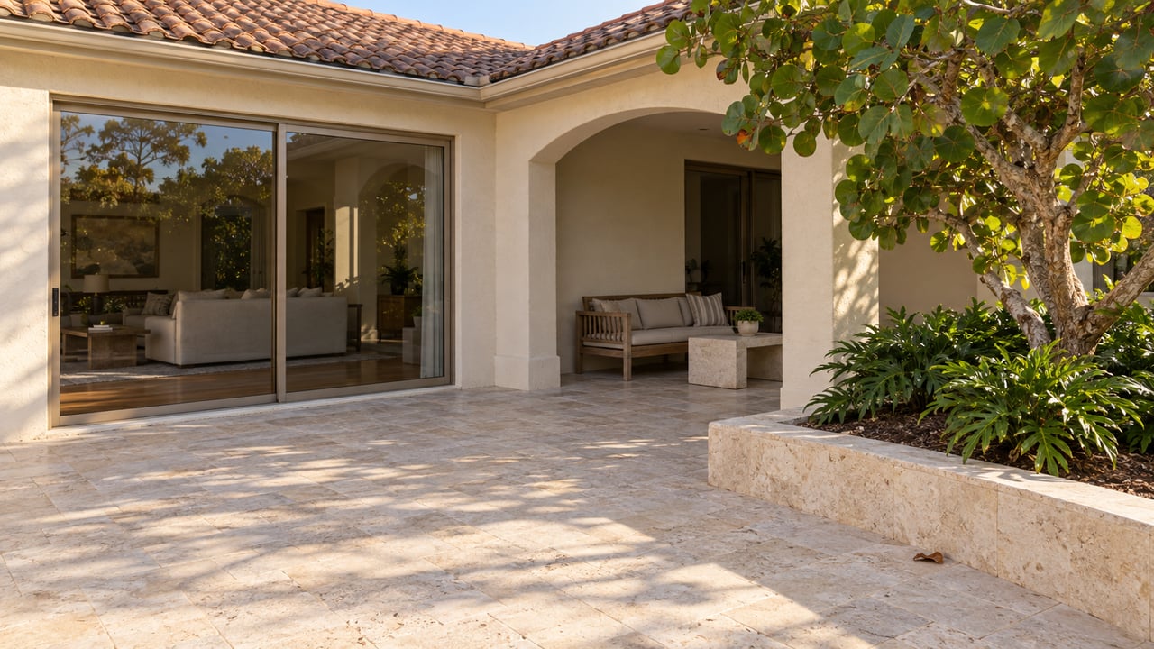 Cream stucco home with a terracotta hip roof, closed sliding glass doors and an arched patio beside a pale limestone terrace and a sculptural sea grape tree.