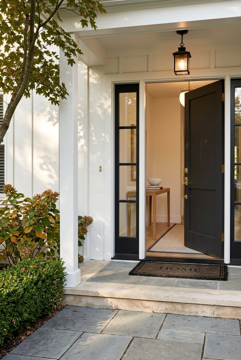 Modern farmhouse foyer viewed from the covered front porch in warm late-afternoon light.