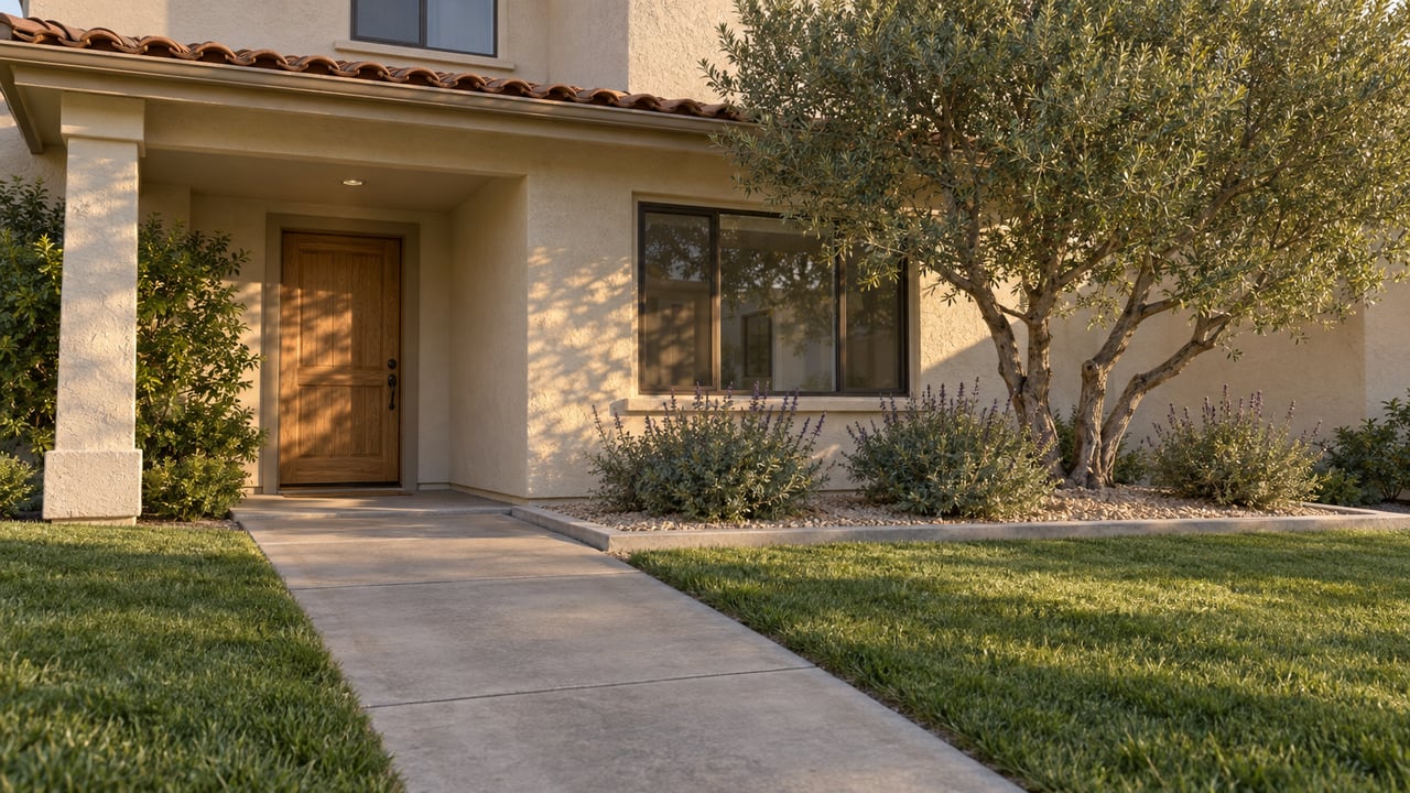 Evening light on a warm stucco home's recessed oak entry, concrete approach, lawn, and sculptural olive tree.