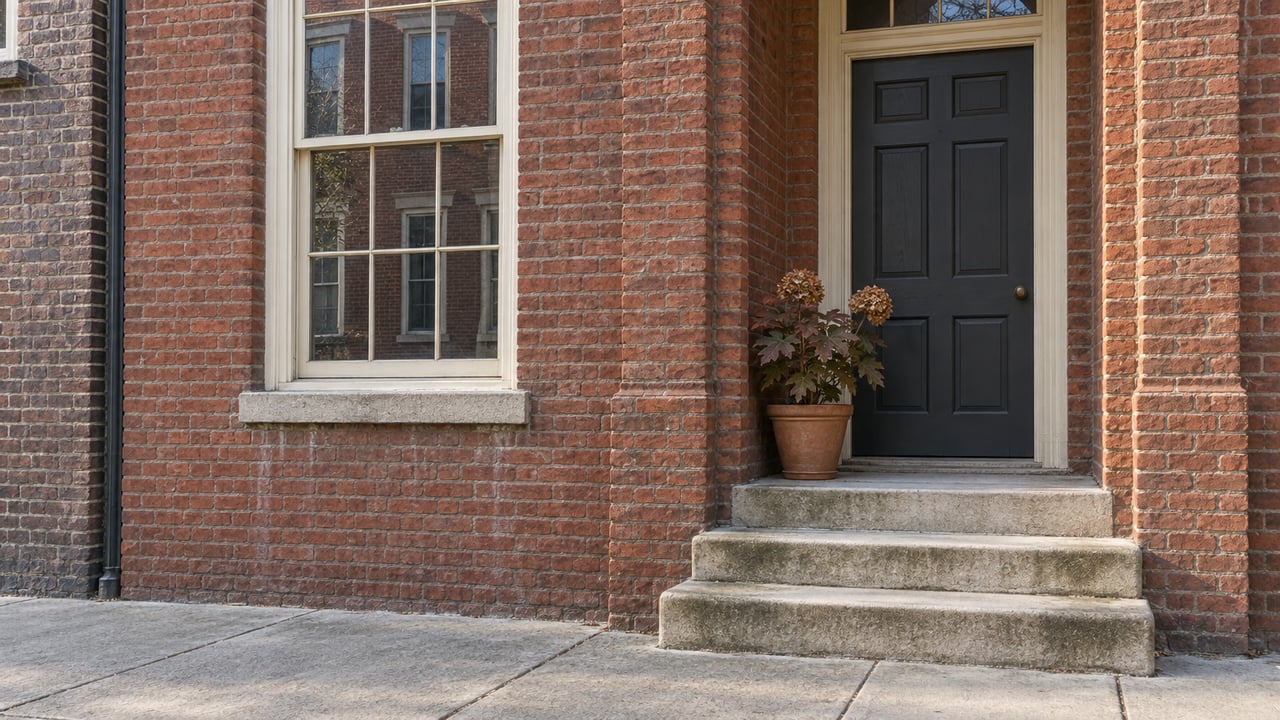 Red brick rowhome entry with a charcoal paneled door, cream sash window, worn limestone steps, and a potted oakleaf hydrangea.