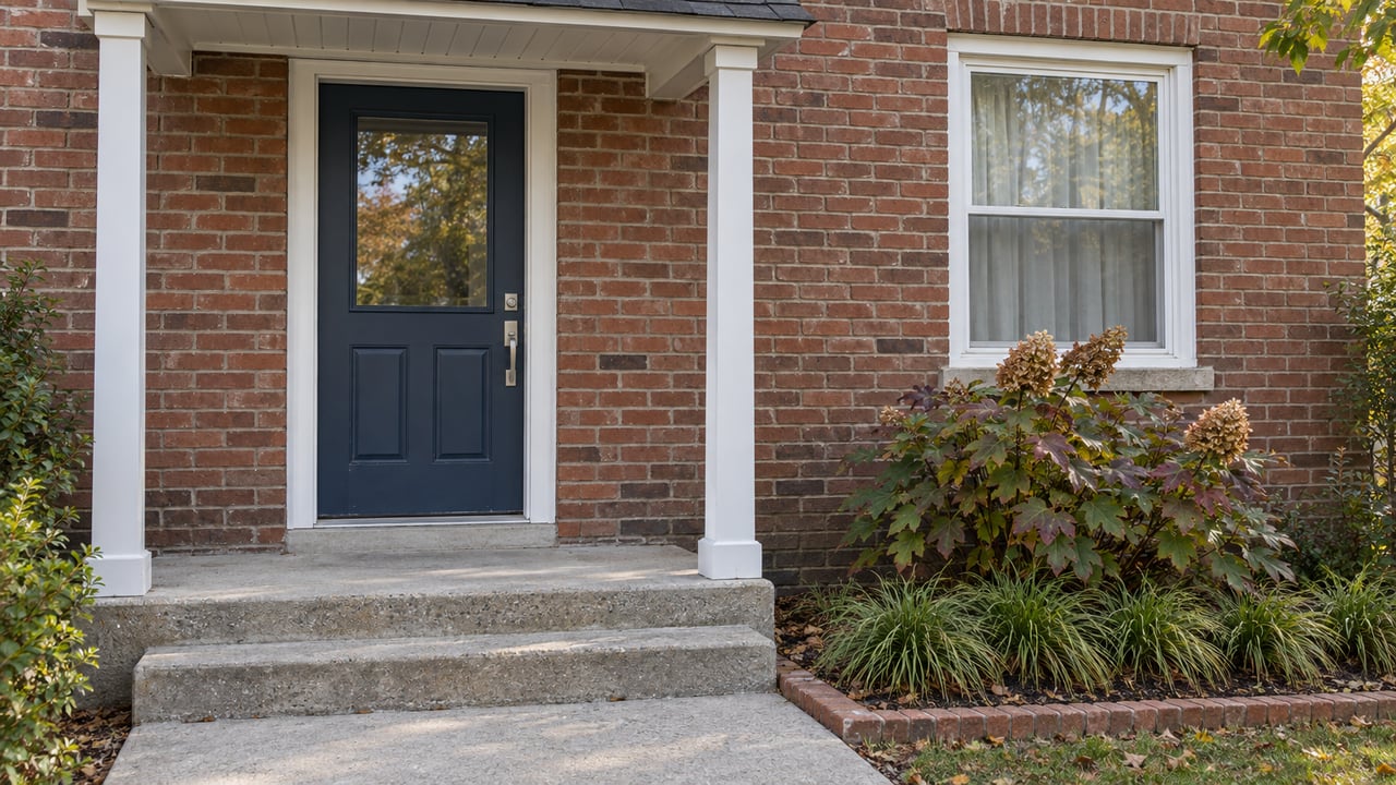 Updated brick home entry with a navy door, white-trimmed window, worn concrete steps and autumn oakleaf hydrangea.