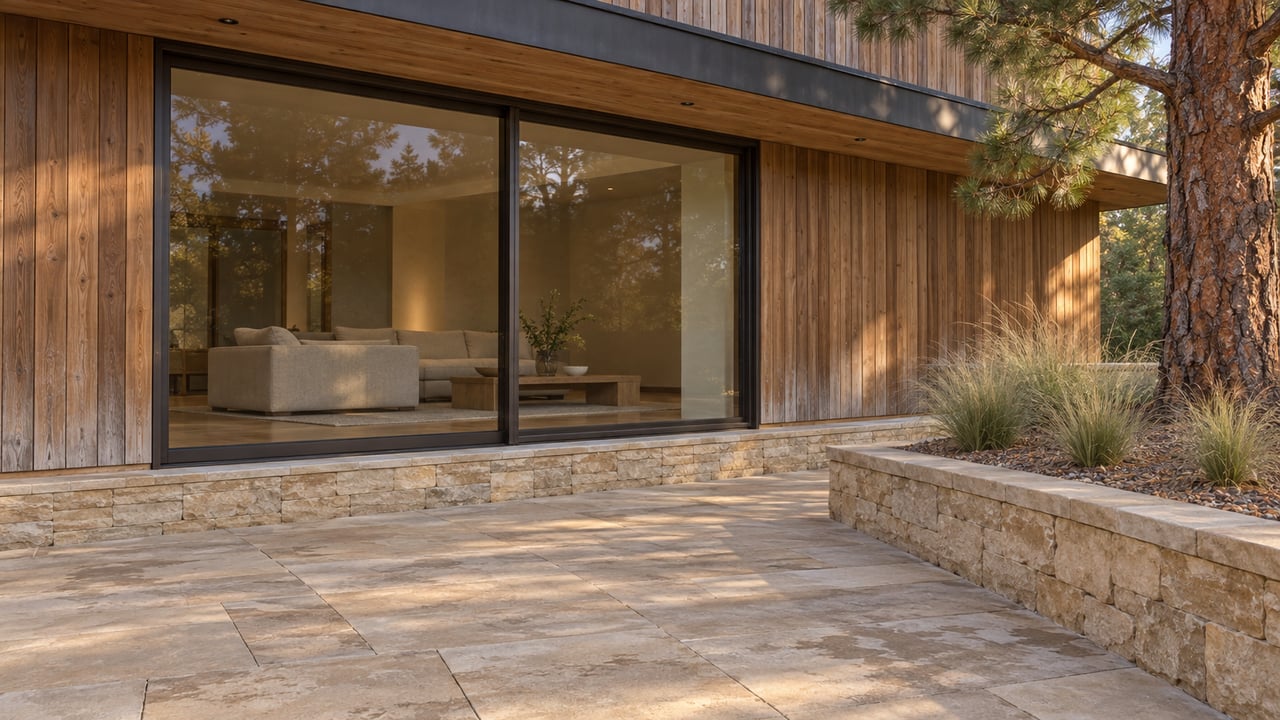 Sandstone terrace beside a cedar-clad home, with bronze-framed living-room glazing and a raised bed containing a ponderosa pine and blue grama.