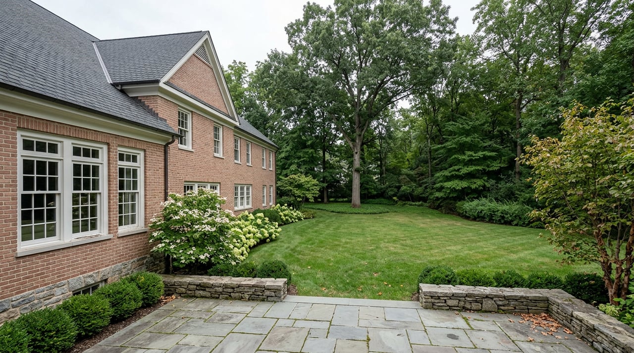 Brick home's rear facade overlooks a broad lawn and mature hardwood tree line, with a bluestone terrace in the foreground.